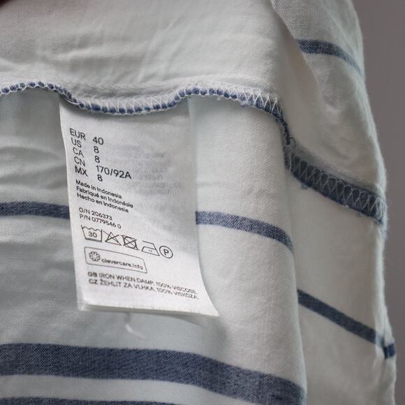 H&M Striped Sundress Size 8 White Blue Ruffle Neck Sleeveless Viscose Midi - Picture 7 of 8